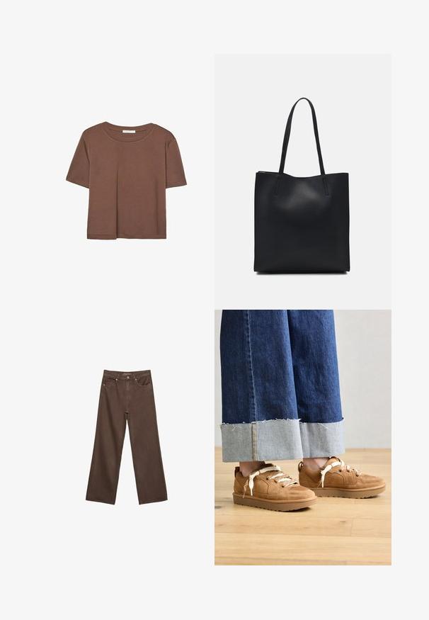 Korte mouwen T-shirt in bruin, gemaakt van een zachte stof, met een ronde halslijn en een relaxte pasvorm. Geen zichtbare patronen of accenten.; Brede bruine spijkerbroek van denim, met een hoge taille, voorzakken en een klassieke knoopsluiting. Soepele textuur met subtiele stiksels.; Bruine suede sneakers met textuurpanelen en lichtgekleurde veters. Gecombineerd met blauwe denim broeken met wijde pijpen en rafelige zoom.; Zwarte leren handtas met een gladde textuur, rechthoekige vorm en twee lange handvaten. Geen zichtbare hardware of versieringen.