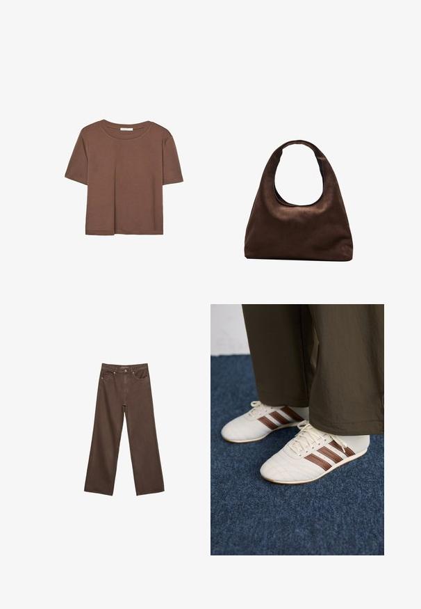 Maglietta a maniche corte marrone realizzata in tessuto morbido, con scollatura rotonda e vestibilità rilassata. Nessun motivo o dettaglio visibile.; Jeans a gamba larga marroni in denim, con vita alta, tasche anteriori e chiusura a bottone classica. Tessuto liscio con cuciture sottili.; Sneakers bianchi con strisce marroni indossati con pantaloni marroni su un pavimento in moquette blu.; Borsa hobo di un morbido marrone con una sola tracolla larga e un'apertura a manico curvo, esposta su uno sfondo bianco.