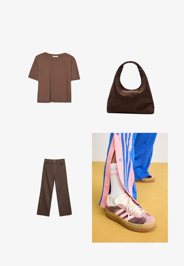Brun kortärmad t-shirt i mjukt tyg, med rund halsringning och avslappnad passform. Inga synliga mönster eller detaljer.; Breda bruna jeans i denim med hög midja, framfickor och klassisk knäppning. Slät textur med subtil sömnad.; Rosa och lila mockaskor med beige sulor, utrustade med vita snören och tre rosa ränder, tillsammans med vita strumpor och blåa träningsbyxor.; Mjuk brun hobo-väskastil med ett brett axelband och en rundad öppning upptill, visad på en vit bakgrund.