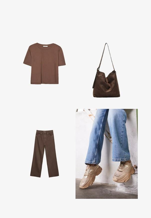 Brown short-sleeve t-shirt made of soft fabric, with a round neckline and relaxed fit. No visible patterns or accents.; Wide-leg brown jeans made of denim, featuring a high waist, front pockets, and a classic button closure. Smooth texture with subtle stitching.; Beige sneakers featuring metallic accents, textured design, and rhinestone details, paired with light blue straight-leg jeans.; Brown suede hobo bag with a curved top, a long strap with dot accents, and a soft texture. Features slouchy design for casual use.