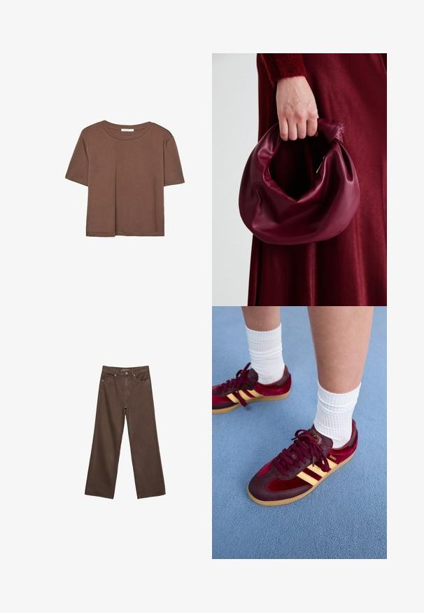 Hnedé tričko s krátkym rukávom vyrobené z jemného materiálu, s okrúhlym výstrihom a voľným strihom. Žiadne viditeľné vzory ani akcenty.; Džínsy s širokými nohavicami v hnedej farbe, vyrobené z denimu, so zvýšeným pásom, prednými vreckami a klasickým zapínaním na gombík. Hladká textúra s jemným prešívaním.; Bordové semišové a kožené tenisky so žltými pruhmi a gumovou podrážkou. Biele rebrované ponožky viditeľné nad členkom, položené na modrom textúrovanom povrchu.; Burgundská kožená kabelka s mäkkým, zhromaždeným dizajnom a zaobleným tvarom. Rukoväť je pevne zaisťujúca a vystavuje hladkú textúru.