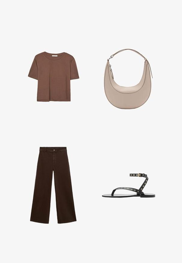 Rjava kratka majica s kratkimi rokavi iz mehkega materiala, s krožnim izrezom in ohlapnim krojem. Brez vidnih vzorcev ali dodatkov.; Rjave široke hlače iz mešanice bombaža, z raztrganim robom, sprednjim gumbom in klasičnim dizajnom s petimi žepi. Minimalistične in vsestranske.; Črne ravne sandale z tankimi trakovi, zlatimi dodatki in trakom za gleženj, ki ima detajle z grometi. Gladka tekstura in minimalističen dizajn.; Bež usnjena torba za rame v obliki kružnice, z gladko teksturo in eno ukrivljeno zanko. Ima zadrgo in urejen šiv.