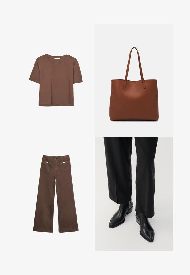 Hnědé tričko s krátkým rukávem vyrobené z měkké látky, s kulatým výstřihem a volným střihem. Bez viditelných vzorů nebo dekorací.; Hnědé široké kalhoty vyrobené z bavlny, s dvěma předními kapsami a stříbrnými knoflíky, s hladkou texturou.; Černé kožené kotníkové boty s špičatou špičkou, hladkým povrchem a čtveratým podpatkem. V kombinaci s černými kalhotami s volnými nohavicemi, vykreslují elegantní siluetu.; Hnědá kožená taška přes rameno s hladkou texturou, otevřeným designem a dvěma ramenními popruhy. Obsahuje minimální švy a žádné viditelné kovové prvky.
