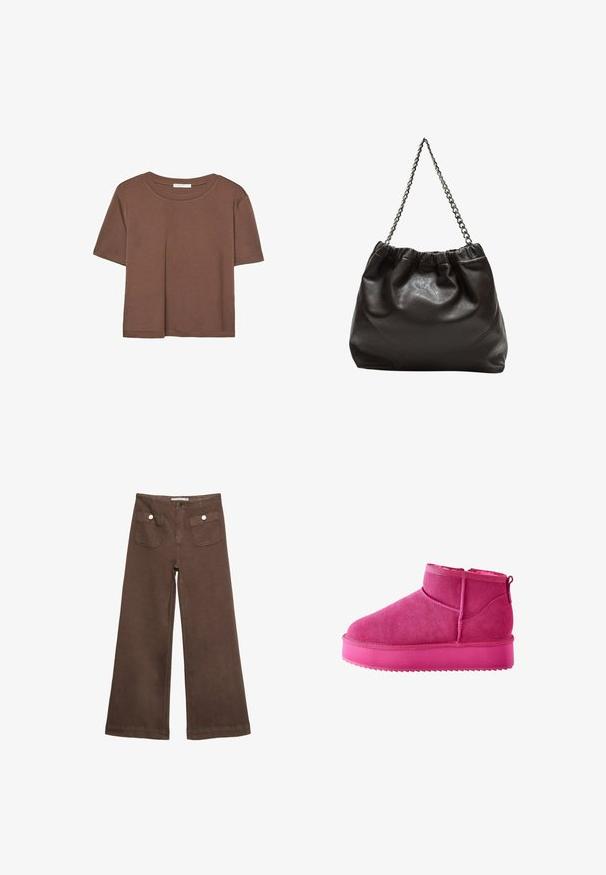 Brun kortærmet t-shirt lavet af blødt stof, med rund halsudskæring og afslappet pasform. Ingen synlige mønstre eller detaljer.; Brune bredbenede bukser lavet af bomuld, med to forlommer med sølvknapper og en glat tekstur.; Next Vinterstøvler - pink; Brun lædertaske med en rynket top og en kædestrop. Glat tekstur med en blank finish og subtile sømdetaljer på siderne.