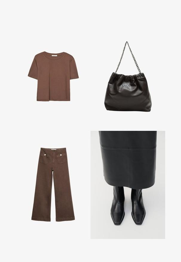 Smeđi kratki rukav majica od mekog materijala, s okruglim izrezom i opuštenim krojem. Nema vidljivih uzoraka ili naglasaka.; Smeđe široke hlače od pamuka, s dva prednja džepa sa srebrnim dugmadima i glatkom teksturom.; Crne kožne čizme visoke do gležnja s kvadratnim oblikom prstiju i bočnim patentnim zatvaračem. Glatka tekstura i minimalni dodaci; u kombinaciji s crnom kožnom suknjom.; Smeđa kožna torba s naboranim vrhom i lančićem za nošenje. Glatka tekstura s sjajnim završetkom i suptilnim šavnim detaljima sa strane.