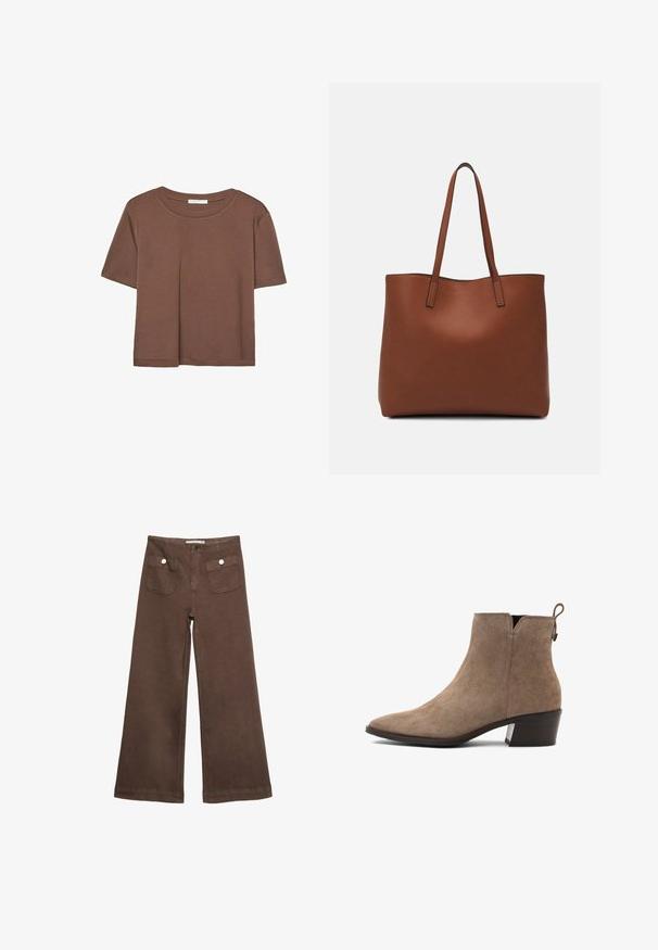 Kahvinsävyinen lyhythihainen t-paita, joka on valmistettu pehmeästä kankaasta. Pyöreä pääntie ja rento malli. Ei näkyviä kuvioita tai koristeita.; Ruske leve bukser i bomuld med to forlommer med sølvknapper og en glat overflade.; Ruske suède čizme do članaka s šiljastim vrhom, niskom blok petom i oznakom za povlačenje na stražnjoj strani. Glatka tekstura s minimalnim šavnim detaljima.; Ruskea nahkainen olkalaukku, jossa on sileä pinta, avoin yläosa ja kaksi olkahihnaa. Omaavat vain minimaalisen ompelun eikä näkyvää metalliosaa.