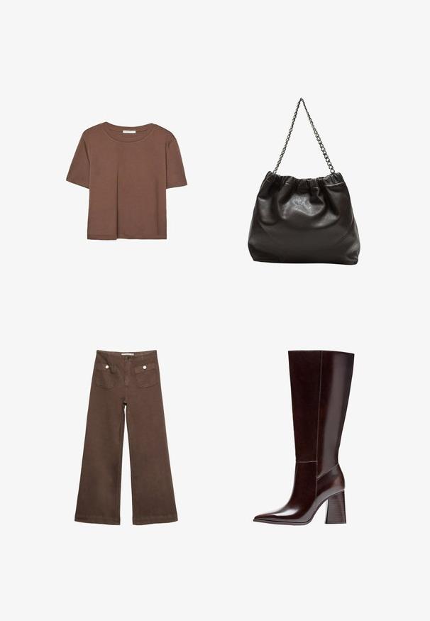 Smeđi kratki rukav majica od mekog materijala, s okruglim izrezom i opuštenim krojem. Nema vidljivih uzoraka ili naglasaka.; Smeđe široke hlače od pamuka, s dva prednja džepa sa srebrnim dugmadima i glatkom teksturom.; Smeđe kožne čizme do koljena sa šiljastim vrhom i teksturiranom blok petom. Karakteriziraju ih čiste linije i minimalni detalji šivanja.; Smeđa kožna torba s naboranim vrhom i lančićem za nošenje. Glatka tekstura s sjajnim završetkom i suptilnim šavnim detaljima sa strane.