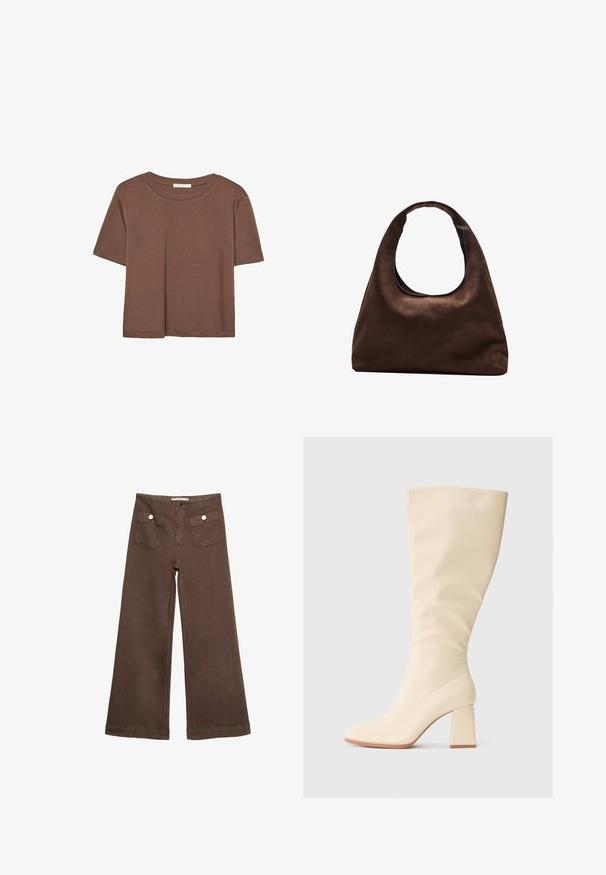 Brun kortærmet t-shirt lavet af blødt stof, med rund halsudskæring og afslappet pasform. Ingen synlige mønstre eller detaljer.; Brune bredbenede bukser lavet af bomuld, med to forlommer med sølvknapper og en glat tekstur.; Cremefarvet knælange støvle med blokhæl og glat overflade, vist i sideprofil på en ensfarvet baggrund.; Blød brun hobo-stil håndtaske med en enkelt bred strop og en buet åbning på toppen, vist på en hvid baggrund.