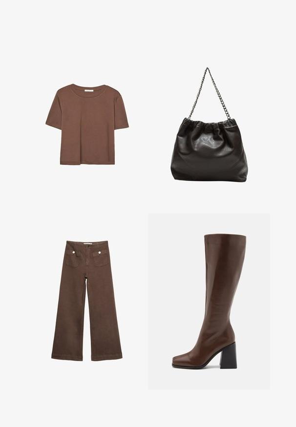 Brun kortærmet t-shirt lavet af blødt stof, med rund halsudskæring og afslappet pasform. Ingen synlige mønstre eller detaljer.; Brune bredbenede bukser lavet af bomuld, med to forlommer med sølvknapper og en glat tekstur.; RAID RENZO - Høje støvler/ Støvler - brown; Brun lædertaske med en rynket top og en kædestrop. Glat tekstur med en blank finish og subtile sømdetaljer på siderne.