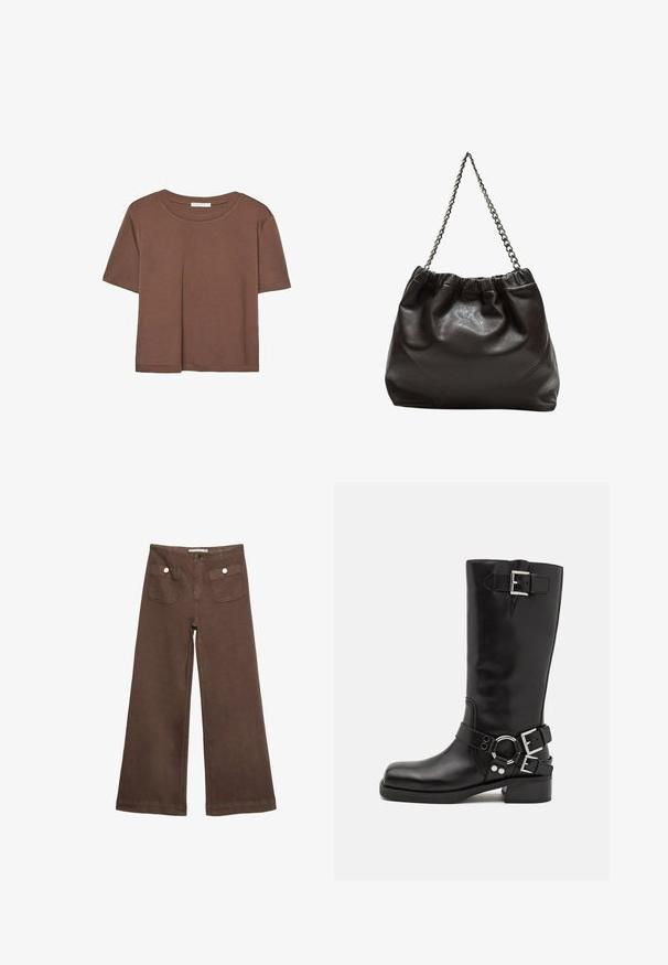 Kahvinsävyinen lyhythihainen t-paita, joka on valmistettu pehmeästä kankaasta. Pyöreä pääntie ja rento malli. Ei näkyviä kuvioita tai koristeita.; Ruske leve bukser i bomuld med to forlommer med sølvknapper og en glat overflade.; Mustat nahka polvipituiset saappaat, joissa on hopeanväriset soljet ja pyöreä yksityiskohta, pyöristetyn kärjen ja matalan lohkoheelin kanssa. Tasainen pinta.; Ruskea nahkainen laukku, jossa on kerätty yläosa ja ketjuhihna. Tasainen pinta, jossa kiiltävä viimeistely ja hienovaraiset sauman yksityiskohdat sivuilla.