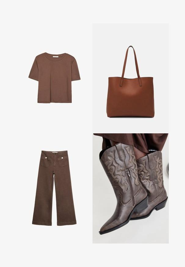 Rjava kratka majica s kratkimi rokavi iz mehkega materiala, s krožnim izrezom in ohlapnim krojem. Brez vidnih vzorcev ali dodatkov.; Svetlo rjave široke hlače iz bombaža, ki vključujejo dva sprednja žepa s srebrnimi gumbi in gladko teksturo.; Rjave usnjene kavbojske čevlje z ostrim nosom, stranskim zadrgo in teksturiranim kačjim vzorcem v bež barvi, z dekorativnimi žebljički ob robovih.; Rjava usnjena torba z gladko teksturo, odprto zasnovo zgoraj in dvema naramnima trakovoma. Opremljena je z minimalnim šivanjem in brez vidnih kovinskih delov.