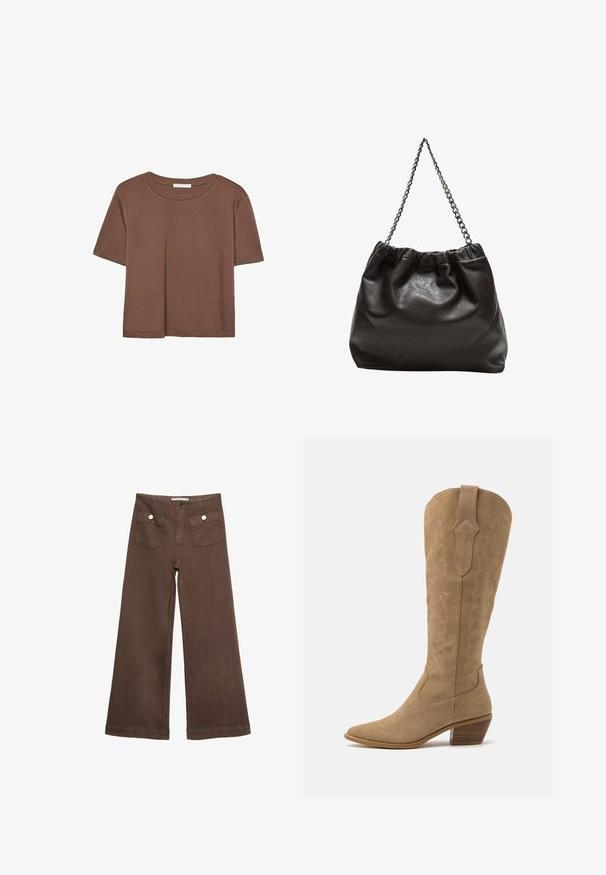 Brun kortärmad t-shirt i mjukt tyg, med rund halsringning och avslappnad passform. Inga synliga mönster eller detaljer.; Bruna vida byxor i bomull med två framfickor med silverknappar och en slät yta.; Tan mockasins boots med spetsig tå, medellång skaft och dekorerad sömnad längs sidorna. Har en staplad träklack.; Brun läderväska med rynkad topp och kedjesnodd. Slät textur med en blankslipad yta och subtila sömdetaljer på sidorna.