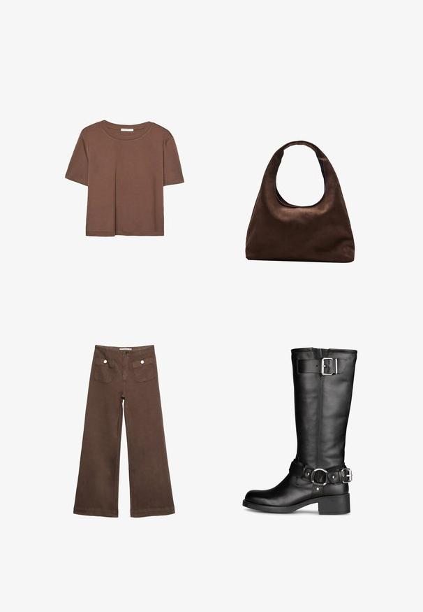 Korte mouwen T-shirt in bruin, gemaakt van een zachte stof, met een ronde halslijn en een relaxte pasvorm. Geen zichtbare patronen of accenten.; Bruine wijde broek van katoen, met twee voorzakken met zilveren knopen en een gladde textuur.; Zwarte leren laarzen tot de knie met een ronde neus, een stijlvolle gespsluiting en een gestapeld hakje. Gladde textuur en minimalistische ontwerpelementen.; Zachte bruine hobo-stijl handtas met een enkele brede schouderband en een gebogen opening aan de bovenkant, weergegeven op een witte achtergrond.