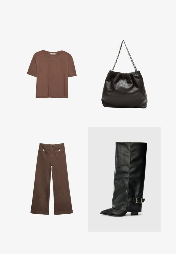 Brun kortärmad t-shirt i mjukt tyg, med rund halsringning och avslappnad passform. Inga synliga mönster eller detaljer.; Bruna vida byxor i bomull med två framfickor med silverknappar och en slät yta.; Svarta läderstövlar i ankellängd med spetsig tå, slät yta och en silverfärgad spänne på sidan. Kraftig fyrkantig klack.; Brun läderväska med rynkad topp och kedjesnodd. Slät textur med en blankslipad yta och subtila sömdetaljer på sidorna.