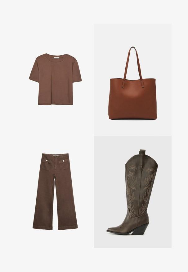 Brun kortärmad t-shirt i mjukt tyg, med rund halsringning och avslappnad passform. Inga synliga mönster eller detaljer.; Bruna vida byxor i bomull med två framfickor med silverknappar och en slät yta.; Bruna läder cowboyboots med spetsig tå, kilklack och dekorativ broderi. Har ett högt skaft och en dragflik.; Brun läder tote-väska med en slät textur, öppen toppdesign och två axelremmar. Har minimal söm och ingen synlig metalldetalj.