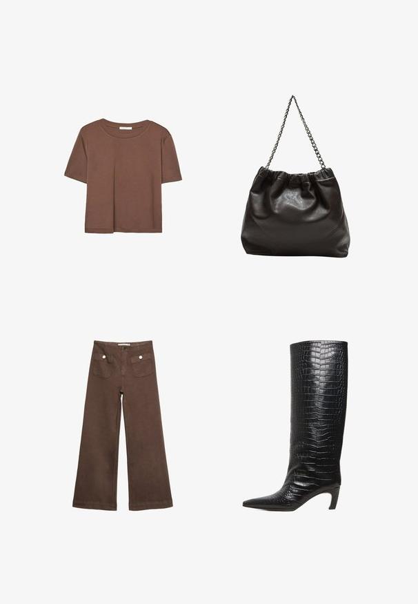 Smeđi kratki rukav majica od mekog materijala, s okruglim izrezom i opuštenim krojem. Nema vidljivih uzoraka ili naglasaka.; Smeđe široke hlače od pamuka, s dva prednja džepa sa srebrnim dugmadima i glatkom teksturom.; Crne čizme do koljena s uskim vrhom, srednje visokom zakrivljenom potpeticom i sjajnom kožom s uzorkom krokodila.; Smeđa kožna torba s naboranim vrhom i lančićem za nošenje. Glatka tekstura s sjajnim završetkom i suptilnim šavnim detaljima sa strane.