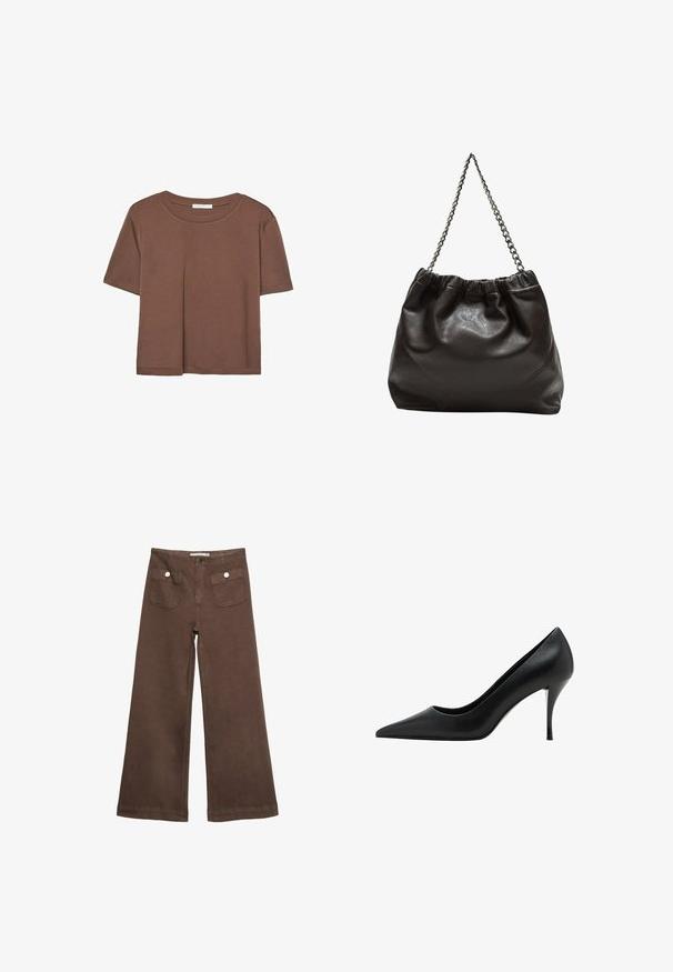Smeđi kratki rukav majica od mekog materijala, s okruglim izrezom i opuštenim krojem. Nema vidljivih uzoraka ili naglasaka.; Smeđe široke hlače od pamuka, s dva prednja džepa sa srebrnim dugmadima i glatkom teksturom.; Crna kožna cipela na visokom petu s šiljastim nosom, glatke teksture i vitkim stiletto potpeticama, koja se odlikuje minimalističkim dizajnom.; Smeđa kožna torba s naboranim vrhom i lančićem za nošenje. Glatka tekstura s sjajnim završetkom i suptilnim šavnim detaljima sa strane.