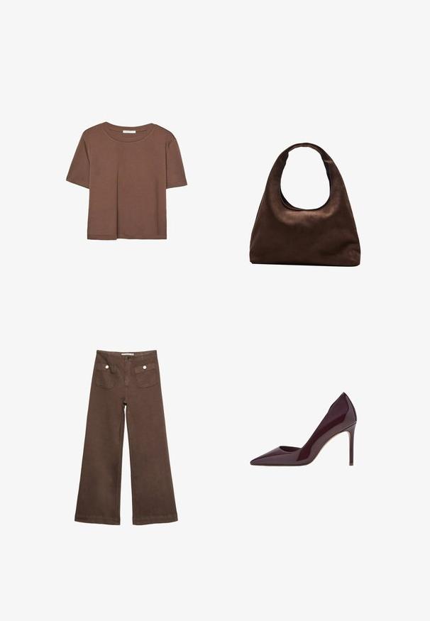 Hnědé tričko s krátkým rukávem vyrobené z měkké látky, s kulatým výstřihem a volným střihem. Bez viditelných vzorů nebo dekorací.; Hnědé široké kalhoty vyrobené z bavlny, s dvěma předními kapsami a stříbrnými knoflíky, s hladkou texturou.; Burgundské lakované kožené lodičky na vysokém podpatku, design s špičatou špičkou, štíhlý silueta a jehla podpatek. Hladký povrch s lesklým finišem.; Měkká hnědá kabelka ve stylu hobo s jedním širokým popruhem a zakřiveným horním otvorem, vystavená na bílém pozadí.