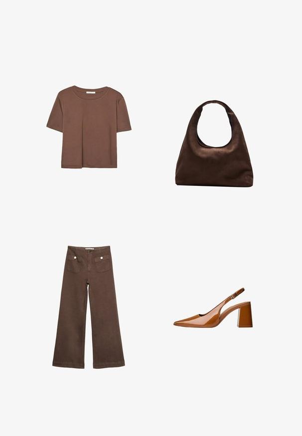 Hnedé tričko s krátkym rukávom vyrobené z jemného materiálu, s okrúhlym výstrihom a voľným strihom. Žiadne viditeľné vzory ani akcenty.; Hnedé široké nohavice vyrobené z bavlny, s dvoma prednými vreckami so striebornými gombíkmi a hladkou textúrou.; Hnedá lakovaná kožená obuv slingback s špicatou špičkou a hrubým podpätkom. Obsahuje vykrojenú stranu a nastaviteľnú kovovú pracku.; Svetlohnedá kabelka v štýle hobo s jedným širokým popruhom a zakriveným otváraním na vrchu, vystavená na bielom pozadí.