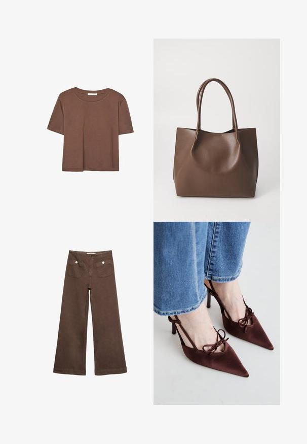 Hnědé tričko s krátkým rukávem vyrobené z měkké látky, s kulatým výstřihem a volným střihem. Bez viditelných vzorů nebo dekorací.; Hnědé široké kalhoty vyrobené z bavlny, s dvěma předními kapsami a stříbrnými knoflíky, s hladkou texturou.; Simmi London KLARA - Lodičky na vysokém podpatku - chocolate; Hnědá kožená taška přes rameno s dvěma dlouhými uchy, strukturovaný tvar, hladký povrch a minimalistický design. Žádné viditelné kování ani akcenty.