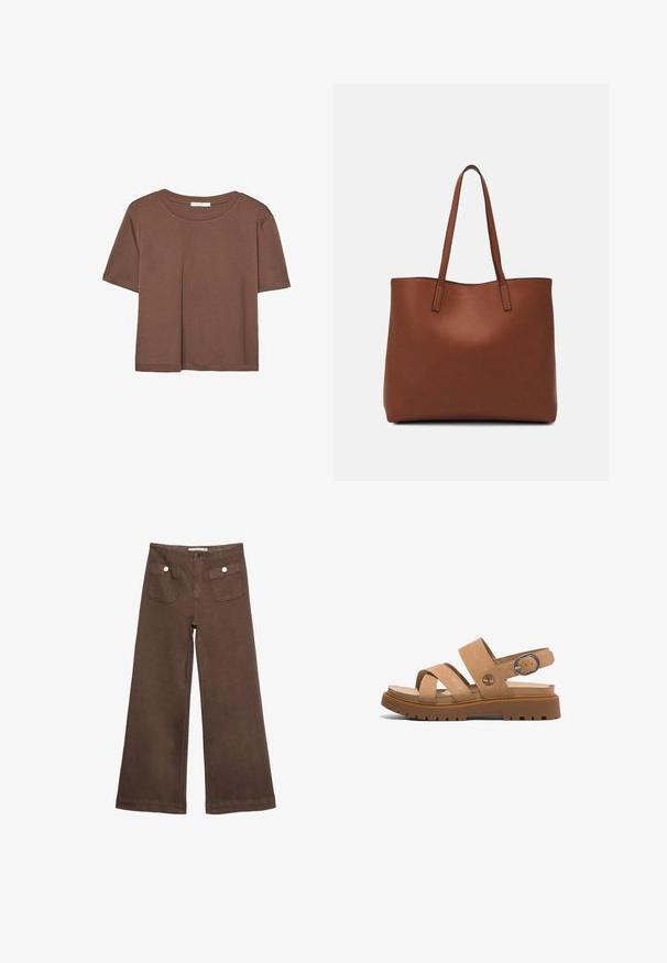 Brązowa koszulka z krótkim rękawem, wykonana z miękkiego materiału, z okrągłym dekoltem i luźnym krojem. Brak widocznych wzorów lub akcentów.; Czerwone spodnie typu wide-leg wykonane z bawełny, z dwoma przednimi kieszeniami zapinanymi na srebrne guziki oraz gładką fakturą.; Brązowe skórzane sandały z dwiema szerokimi paskami, tylnym paskiem z metalowym zapięciem oraz masywną gumową podeszwą o teksturowanym wzorze.; Brązowa skórzana torba tote o gładkiej fakturze, z otwartym wierzchem i dwoma ramiączkami. Charakteryzuje się minimalnym przeszyciem i brakiem widocznych elementów metalowych.