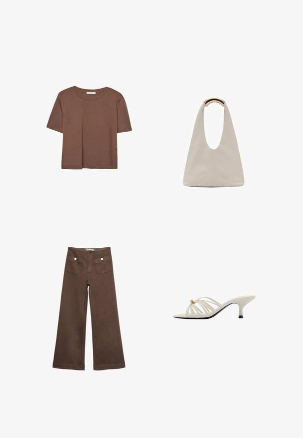 Brązowa koszulka z krótkim rękawem, wykonana z miękkiego materiału, z okrągłym dekoltem i luźnym krojem. Brak widocznych wzorów lub akcentów.; Czerwone spodnie typu wide-leg wykonane z bawełny, z dwoma przednimi kieszeniami zapinanymi na srebrne guziki oraz gładką fakturą.; Białe sandały na obcasie z paskami o zakrzywionym kształcie, z złotym akcentem i czarną podeszwą. Gładka tekstura i otwarty czubek.; Jasnoszara skórzana torba o kształcie litery U z zakrzywionym metalowym uchwytem. Gładka tekstura z minimalnymi szwami i bez widocznych wzorów.