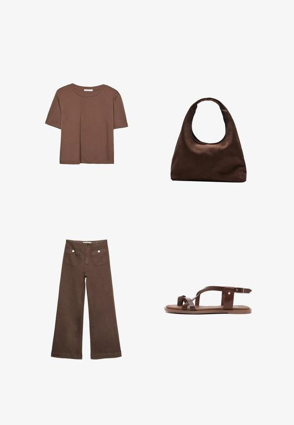 Braunes, kurzärmliges T-Shirt aus weichem Material mit rundem Halsausschnitt und lockerer Passform. Keine sichtbaren Muster oder Akzente.; Braune weit geschnittene Hosen aus Baumwolle, mit zwei Fronttaschen mit silbernen Knöpfen und einer glatten Textur.; Braune Leder-Sandalen mit mehreren überkreuzten Riemen, einer flachen Sohle und einem Knöchelriemen mit einer Metallschnalle. Schlichtes, offenes Design ohne Muster.; Weiche braune Hobo-Stil Handtasche mit einem einzigen breiten Trageriemen und einer geschwungenen Oberteilöffnung, auf einem weißen Hintergrund präsentiert.