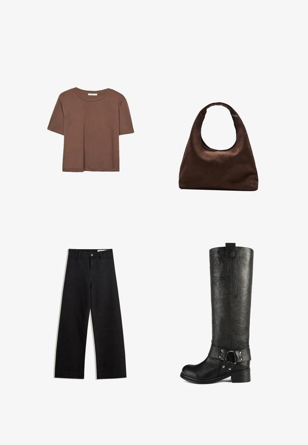 Rjava kratka majica s kratkimi rokavi iz mehkega materiala, s krožnim izrezom in ohlapnim krojem. Brez vidnih vzorcev ali dodatkov.; Črne široke denim hlače z visokim pasom, ki imajo sprednje in zadnje žepe, šivane šive ter gumbasto zapiranje. Gladka tekstura.; Črne usnjene škornje do kolen z teksturirano površino, širok telec in dekorativnim pasom s srebrno opremo. Ravna peta.; Mehakna rjava torbica v hobo stilu z enim širokim trakom in ukrivljenim odprtjem na vrhu, prikazana na beli podlagi.