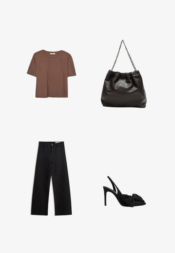 Rjava kratka majica s kratkimi rokavi iz mehkega materiala, s krožnim izrezom in ohlapnim krojem. Brez vidnih vzorcev ali dodatkov.; Črne široke denim hlače z visokim pasom, ki imajo sprednje in zadnje žepe, šivane šive ter gumbasto zapiranje. Gladka tekstura.; Črne slingback visoke pete iz gladkega blaga s konicami na prstih in podrobnostjo iz blaga v obliki mašne spredaj. Ozka stileto peta.; Rjava usnjena torba z nabranim vrhom in verižnim trakom. Gladka tekstura z sijajno površino in subtilnimi šivi na straneh.