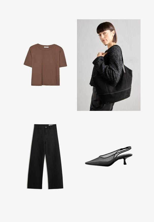 Smeđi kratki rukav majica od mekog materijala, s okruglim izrezom i opuštenim krojem. Nema vidljivih uzoraka ili naglasaka.; Crne široke traperice s visokim strukom, s prednjim i stražnjim džepovima, šivenim šavovima i kopčanjem na gumb. Glatka tekstura.; Next FOREVER BACK KITTEN HEELS - REGULAR FIT - Klasične cipele s visokom petom - black; Crna suede torba s glatkom teksturom, strukturiranim oblikom i kontrastnim šavovima. Ima duge trake za nošenje preko ramena.