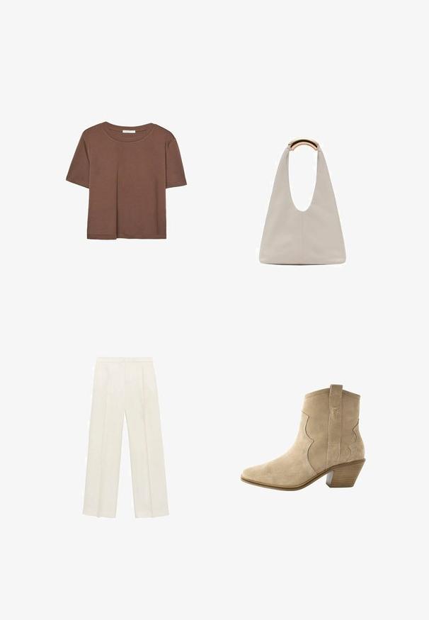 Brown short-sleeve t-shirt made of soft fabric, with a round neckline and relaxed fit. No visible patterns or accents.; Wide-legged trousers in a light cream color. Made from a smooth fabric with pleats at the front and side pockets.; Beige suede ankle boot with a pointed toe, scalloped design, pull tab, and a stacked heel, featuring a textured sole for grip.; Light gray leather bag with a U-shaped design and a curved metallic handle. Smooth texture with minimal stitching and no visible patterns.