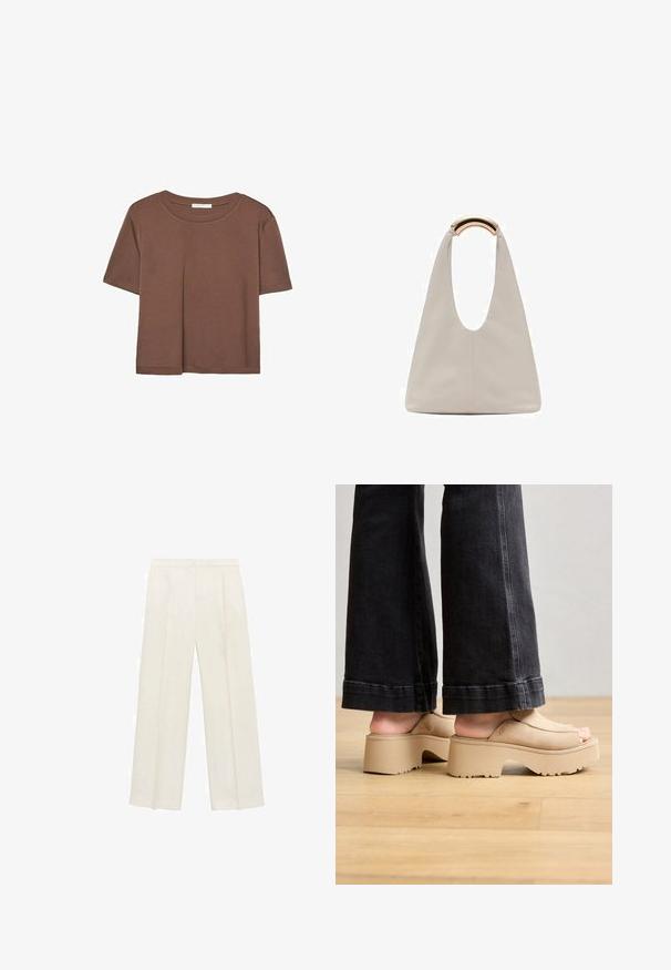 Brun kortærmet t-shirt lavet af blødt stof, med rund halsudskæring og afslappet pasform. Ingen synlige mønstre eller detaljer.; Bredbenede bukser i en lys cremefarve. Fremstillet af et glat stof med plisseringer foran og sidelommer.; Beige platform sandaler med en glat suede overdel, open-toe design, tyk sål og subtil branding, parret med mørke flared jeans.; Lysegrå lædertaske med et U-formet design og et buet metallisk håndtag. Glat tekstur med minimal syning og ingen synlige mønstre.