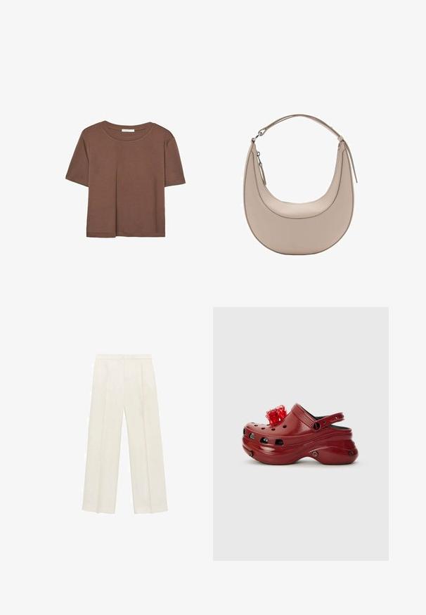 Brun kortærmet t-shirt lavet af blødt stof, med rund halsudskæring og afslappet pasform. Ingen synlige mønstre eller detaljer.; Bredbenede bukser i en lys cremefarve. Fremstillet af et glat stof med plisseringer foran og sidelommer.; Rød plastikklip med ventilationshuller, hævet hæl og en blomsterdekoration ovenpå. Har en bagrem og teksturerede sider.; Beige læder skuldertaske med en halvmåneform, glat overflade og et enkelt buet håndtag. Har en lynlåslukning og pæne syninger.