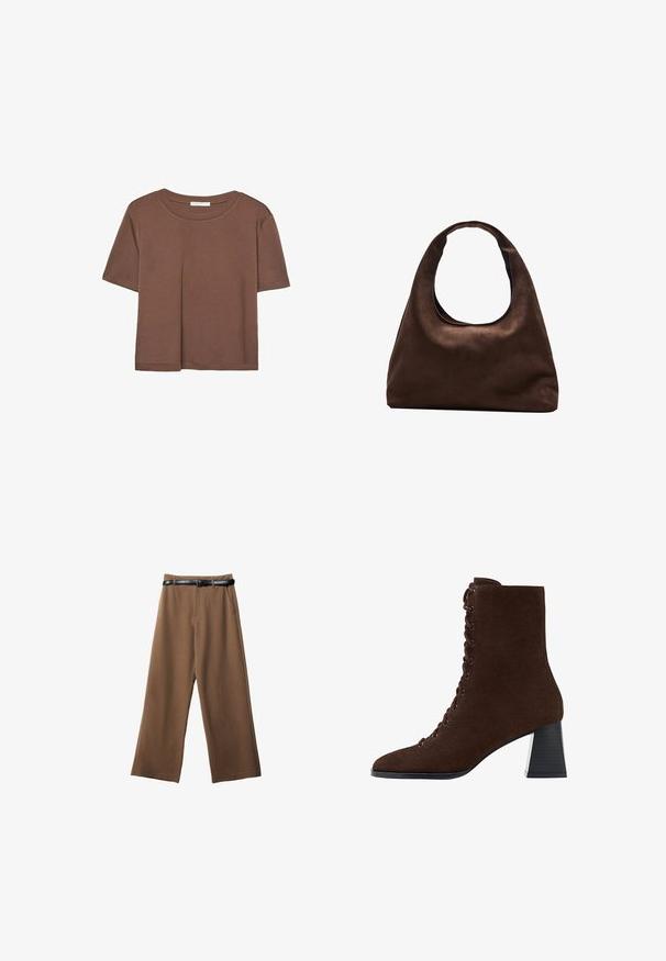 Brązowa koszulka z krótkim rękawem, wykonana z miękkiego materiału, z okrągłym dekoltem i luźnym krojem. Brak widocznych wzorów lub akcentów.; Brązowe spodnie w szerokim kroju o gładkiej fakturze, wyposażone w czarny pasek, dwie przednie kieszenie oraz dopasowany krój.; Brązowy zamszowy botek za kostkę z wąskim noskiem, sznurowanym przodem i słupkiem. Obcas ma teksturowany czarny akcent.; Miękka, brązowa torebka w stylu hobo z jedną szeroką rączką i wyprofilowanym otwarciem, wyeksponowana na białym tle.