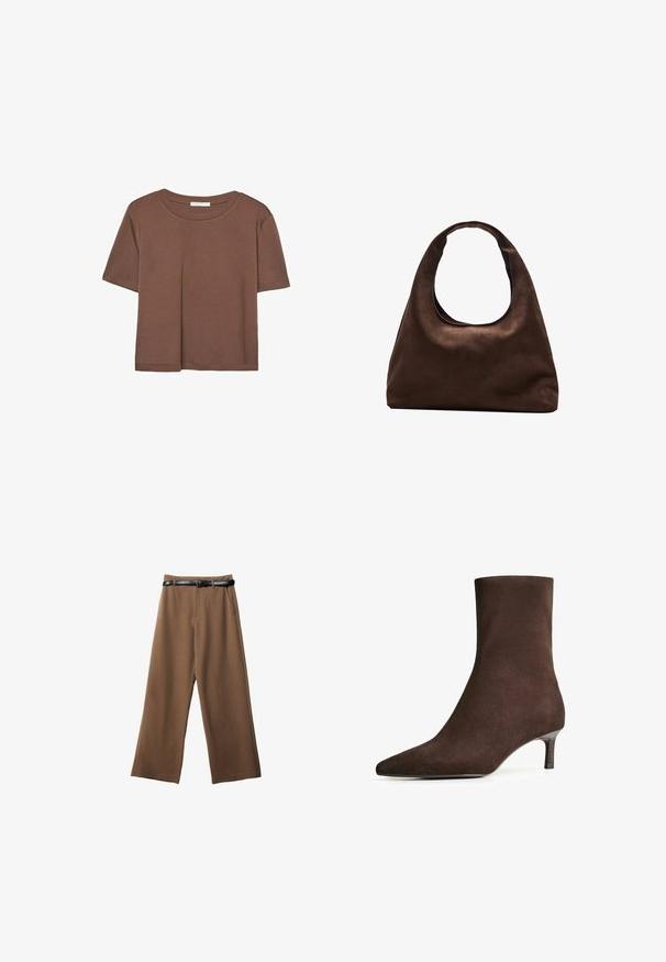 Hnědé tričko s krátkým rukávem vyrobené z měkké látky, s kulatým výstřihem a volným střihem. Bez viditelných vzorů nebo dekorací.; Hnědé kalhoty s širokými nohavicemi a hladkým povrchem, se černým páskem, dvěma předními kapsami a upraveným střihem.; Hnědé nubukové kotníkové boty s špičatou špičkou a štíhlým nízkým podpatkem. Hladká textura s bezešvým designem a bez viditelných kovových prvků.; Měkká hnědá kabelka ve stylu hobo s jedním širokým popruhem a zakřiveným horním otvorem, vystavená na bílém pozadí.
