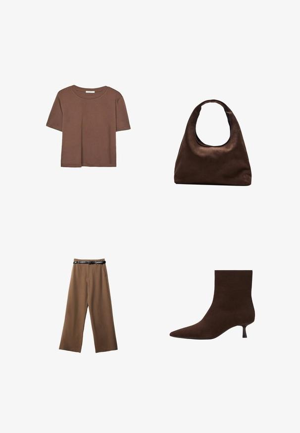 Brązowa koszulka z krótkim rękawem, wykonana z miękkiego materiału, z okrągłym dekoltem i luźnym krojem. Brak widocznych wzorów lub akcentów.; Brązowe spodnie w szerokim kroju o gładkiej fakturze, wyposażone w czarny pasek, dwie przednie kieszenie oraz dopasowany krój.; Brązowy zamszowy botek za kostkę z noskiem w kształcie szpica i smukłym obcasem. Gładka tekstura, minimalistyczny design i jednolity kolor bez ozdób.; Miękka, brązowa torebka w stylu hobo z jedną szeroką rączką i wyprofilowanym otwarciem, wyeksponowana na białym tle.