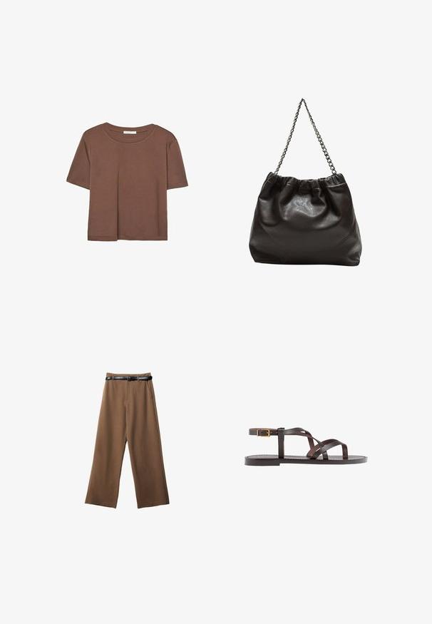 Brązowa koszulka z krótkim rękawem, wykonana z miękkiego materiału, z okrągłym dekoltem i luźnym krojem. Brak widocznych wzorów lub akcentów.; Brązowe spodnie w szerokim kroju o gładkiej fakturze, wyposażone w czarny pasek, dwie przednie kieszenie oraz dopasowany krój.; Brązowe skórzane sandały z krzyżującymi się paskami, zapięciem na klamrę przy kostce oraz płaską podeszwą z minimalnymi detalami szycia.; Brązowa skórzana torba z marszczonym szczytem i łańcuszkowym paskiem. Gładka tekstura z błyszczącym wykończeniem i subtelnymi detalami szwów po bokach.