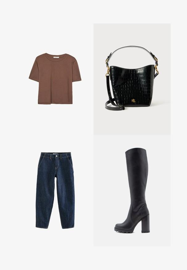 Brązowa koszulka z krótkim rękawem, wykonana z miękkiego materiału, z okrągłym dekoltem i luźnym krojem. Brak widocznych wzorów lub akcentów.; Ciemnoniebieskie dżinsy o luźnym kroju, wyposażone w pięć kieszeni, szlufki na pasek oraz kontrastowe żółte szwy. Czysta, teksturowana tkanina.; Czarne kozaki do kolan, gładki materiał skórzany, masywny obcas, zaokrąglony nos, teksturowana podeszwa z przyczepnością, elegancki design bez ozdób.; Czarna torba ze skóry z tłoczeniem w krokodylą skórę o zaokrąglonym kształcie, z akcentami ze złotego metalu, regulowanym paskiem oraz detalem logo z przodu.