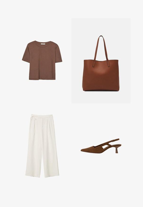 Maglietta a maniche corte marrone realizzata in tessuto morbido, con scollatura rotonda e vestibilità rilassata. Nessun motivo o dettaglio visibile.; Pantaloni a gamba larga in tessuto bianco sporco con una texture liscia. Presentano una vita legata e una parte anteriore plissettata, progettati per una vestibilità comoda.; Scarpa slingback in suede marrone con punta affilata, design a intaglio e tacco sottile. Presenta una fascia con fibbia e una fodera interna liscia.; Borsa tote in pelle marrone con texture liscia, design con apertura superiore e due spallacci. Presenta cuciture minime e nessun hardware visibile.