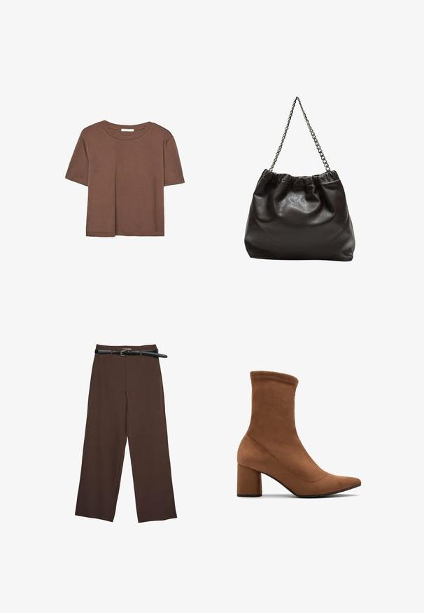 Brązowa koszulka z krótkim rękawem, wykonana z miękkiego materiału, z okrągłym dekoltem i luźnym krojem. Brak widocznych wzorów lub akcentów.; Brązowe spodnie z szerokimi nogawkami o gładkiej fakturze, z czarnym paskiem i dopasowaną talią, zapewniające zarysowany krój.; Brązowy zamszowy botek za kostkę z wyostrzonym noskiem i blokowym obcasem. Charakteryzuje się gładką teksturą i przeszytym górnym brzegiem.; Brązowa skórzana torba z marszczonym szczytem i łańcuszkowym paskiem. Gładka tekstura z błyszczącym wykończeniem i subtelnymi detalami szwów po bokach.