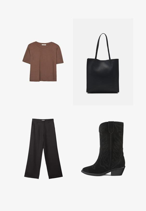 Hnědé tričko s krátkým rukávem vyrobené z měkké látky, s kulatým výstřihem a volným střihem. Bez viditelných vzorů nebo dekorací.; Černé široké kalhoty vyrobené z hladké tkaniny, s předním zipem a dvěma bočními kapsami, s dobře padnoucím střihem a minimalistickým designem.; Černé semišové kovbojské boty s vyšitým květinovým vzorem, špičatou špičkou a nízkým blokovým podpatkem. Mají vysokou holení a poutko pro snadné obutí.; Černá kožená taška přes rameno s hladkým povrchem, obdélníkovým tvarem a dvěma dlouhými uchy. Žádné viditelné kování ani ozdoby.