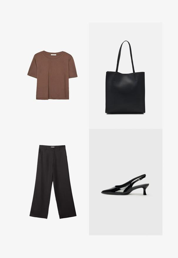 Kahvinsävyinen lyhythihainen t-paita, joka on valmistettu pehmeästä kankaasta. Pyöreä pääntie ja rento malli. Ei näkyviä kuvioita tai koristeita.; Mustat leveälahkeiset housut, jotka on valmistettu sileästä kankaasta. Niissä on edessä vetoketju ja kaksi sivutaskua, ja niiden muotoilu on räätälöity ja minimalistinen.; Musta lakatut slingback-kengät, joissa on kärkikärki ja matala lohkokanta. Säädettävä solki nilkassa.; Mustapahkainen kangaskassi, jossa on sileä pinta, suorakaiteen muotoinen ja kaksi pitkää kahvaa. Ei näkyvää metalliosaa tai koristeita.