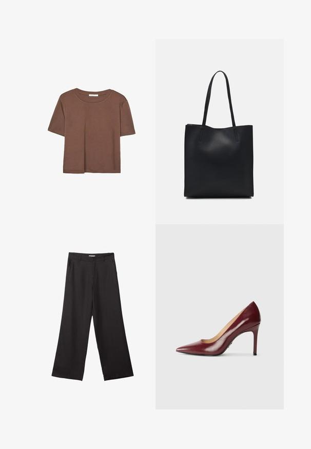 Brun kortærmet t-shirt lavet af blødt stof, med rund halsudskæring og afslappet pasform. Ingen synlige mønstre eller detaljer.; Sorte bukser med vidde, lavet af glat stof, med en frontlynlås og to sidelommer, i en skræddersyet pasform og minimalistisk design.; Mørkerød læder højhælet pumpe med spids tå og en slank stilettohæl på en hvid baggrund.; Sort læder tote taske med glat tekstur, rektangulær form og to lange hanke. Ingen synlig hardware eller udsmykninger.