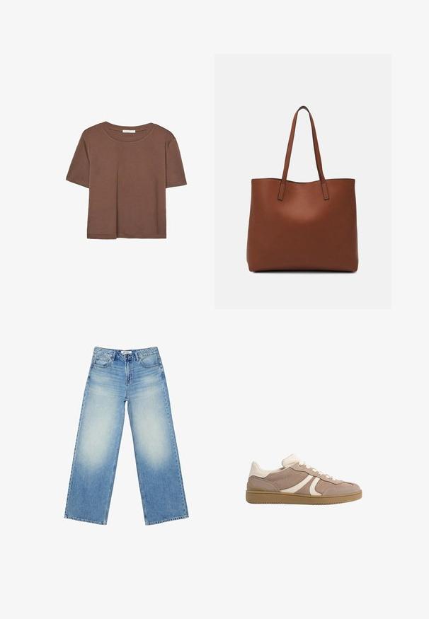 Braunes, kurzärmliges T-Shirt aus weichem Material mit rundem Halsausschnitt und lockerer Passform. Keine sichtbaren Muster oder Akzente.; Helleblaue weite Jeans aus Denim mit hoher Taille, verblasstem Waschung und klassischem Fünf-Taschen-Design sowie einem Knopfverschluss vorne.; Sneaker mit einem beigen Wildleder-Obermaterial und cremefarbenen Akzenten, runder Zehenpartie, Schnürverschluss und einer strukturierten Gummisohle für Grip.; Braune Leder-Tote mit glatter Textur, offenem Oberteil und zwei Schulterriemen. Verfügt über minimale Nähte und keine sichtbaren Beschläge.