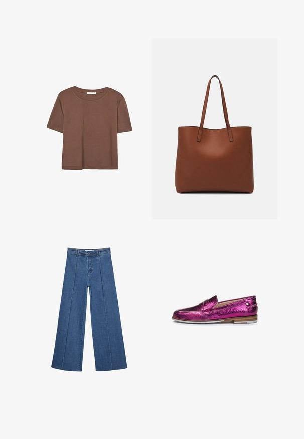 Maglietta a maniche corte marrone realizzata in tessuto morbido, con scollatura rotonda e vestibilità rilassata. Nessun motivo o dettaglio visibile.; Jeans in denim a gamba larga di blu medio, con vita alta, chiusura con bottone e dettagli delle cuciture verticali a contrasto lungo la parte anteriore.; Floris van Bommel CHIDI - Scarpe senza lacci - pink; Borsa tote in pelle marrone con texture liscia, design con apertura superiore e due spallacci. Presenta cuciture minime e nessun hardware visibile.