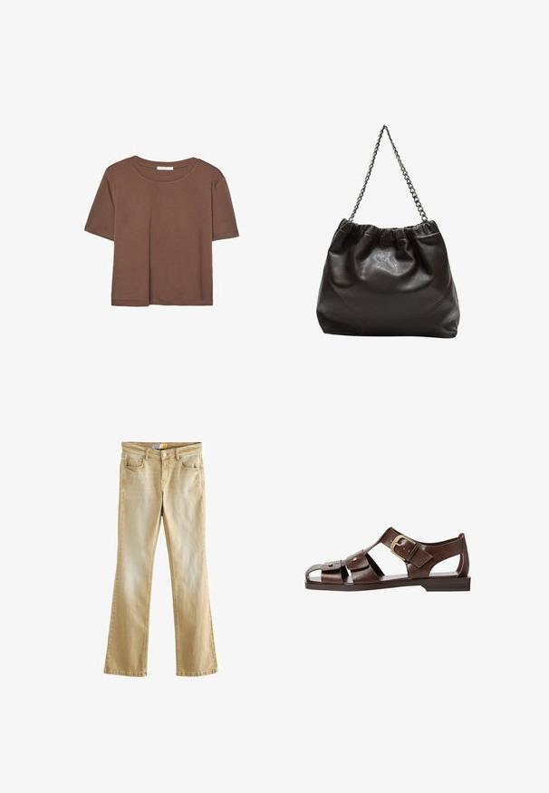 Brun kortærmet t-shirt lavet af blødt stof, med rund halsudskæring og afslappet pasform. Ingen synlige mønstre eller detaljer.; Next Jeans Bootcut - beige tinted; Brun lædersandal med udskæringsdesign, justerbar sidebuckle og flad sål, med metalaccentuer og åben tå.; Brun lædertaske med en rynket top og en kædestrop. Glat tekstur med en blank finish og subtile sømdetaljer på siderne.