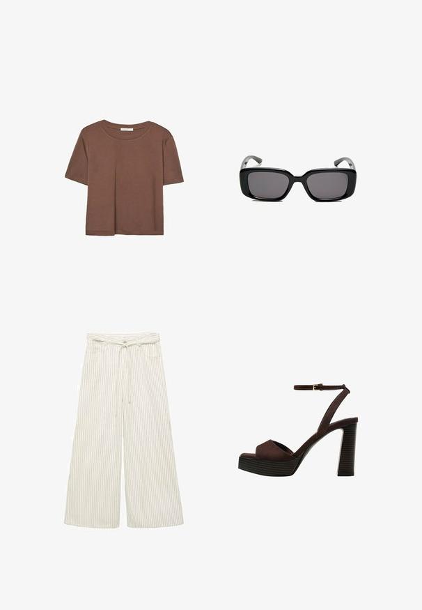 Rjava kratka majica s kratkimi rokavi iz mehkega materiala, s krožnim izrezom in ohlapnim krojem. Brez vidnih vzorcev ali dodatkov.; Hlače širokih nogavic iz off-white tkanine s vertikalnimi črtami. Imajo pas z zaponko in mehko teksturo. Vsebujejo sprednje žepe.; Rjave semiš sandale z visoko peto, odprto spredaj, z nastavljivim gležnjenjem in črtastim podplatom.; Črne pravokotne sončne očala z temnimi lečami, gladkim plastičnim okvirjem in ukrivljenimi nogicami. Oblika je robustna in minimalistična.