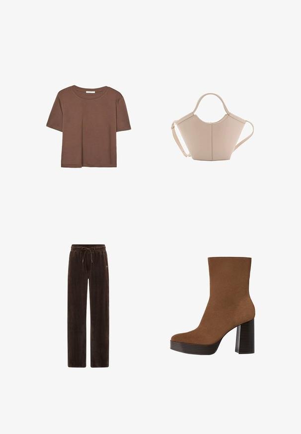 Rjava kratka majica s kratkimi rokavi iz mehkega materiala, s krožnim izrezom in ohlapnim krojem. Brez vidnih vzorcev ali dodatkov.; Rjave kordne hlače s sproščenim krojem, opremljene z elastičnim pasom in vrvico. Navpična rebrasta tekstura z diskretno podrobnostjo logotipa.; Rjavi semiš gležnjar z zaokroženim prstom, debelim črnima črtastim petam in gladko površino. Ima prilagojen dizajn brez vidne opreme.; Bežna usnjena torbica edinstvene oblike, z dvema kratkima ročajema in dolgim nastavljivim trakom. Gladka tekstura z minimalno kovinsko opremo.