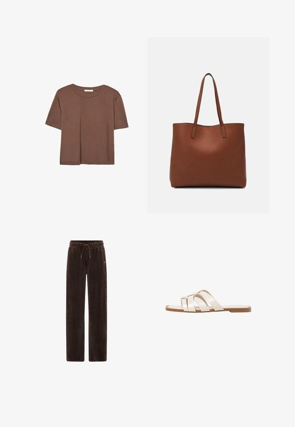 Brun kortärmad t-shirt i mjukt tyg, med rund halsringning och avslappnad passform. Inga synliga mönster eller detaljer.; Bruna kordfløyelsbyxor med lös passform, med elastisk midjeband och dragsko. Vertikal ribbad textur med subtil logotypdetalj.; Platta sandaler med en brun gummisula, designade med tre överlappande vita läderspännen och en liten rosett i mitten.; Brun läder tote-väska med en slät textur, öppen toppdesign och två axelremmar. Har minimal söm och ingen synlig metalldetalj.