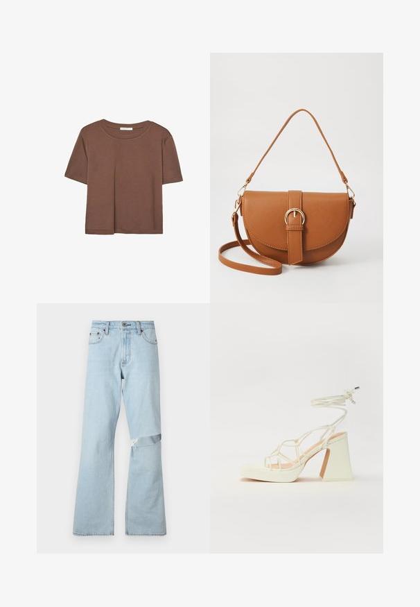 Brun kortärmad t-shirt i mjukt tyg, med rund halsringning och avslappnad passform. Inga synliga mönster eller detaljer.; Ljust blå denimjeans med en utsvängd design, med en slitning på knät och standard framfickor.; Vit högklackad sandal med en kraftig klack, med ett remdesign och ankelband. Slät textur med en plattform framtill för ökad höjd.; Brun läder crossbody-väska med en böjd form, gyllene detaljer och en spänneaccent. Har en avtagbar axelrem.